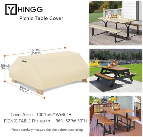 Picnic Table Cover Waterproof 96 Inch 600D Oxford Outdoor Table Cover with Bench Covers for Winter DustProof Heavy Duty (Beige, 8Ft-96in) - Image 2