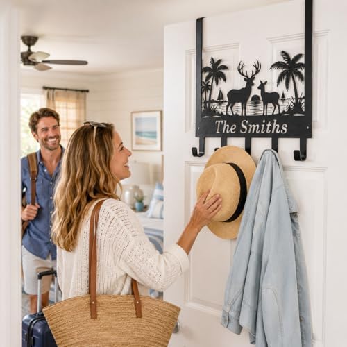 Personalized Over The Door Key Holder with Hooks, Custom Family Name Metal Door Hanger, Beach Deer Wall Hook Rack for Entryway Bedroom Bathroom, Housewarming Gift for New Homeowners - Image 2