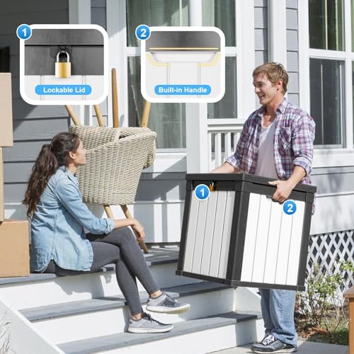 Vixzen 50 Gallon Outdoor Deck Box, Lockable Resin Waterproof Storage Box, UV Resistant, Weather Resistance, Outside Storage Bin for Gardening Tools Pool Supplies (Black&White) - Image 3