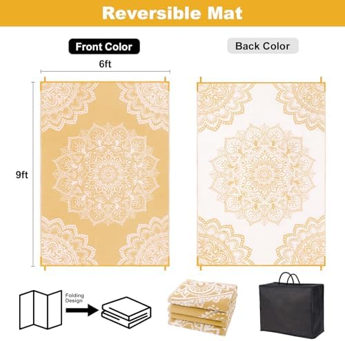 Yamaziot Waterproof Outdoor Rug 6x9 ft, Reversible Plastic Straw Rug for Patio Clearance, Camping, RV Mat, Large Outside Rug Carpet for Porch, Deck, Backyard, Balcony, Picnic, Yellow - Image 2
