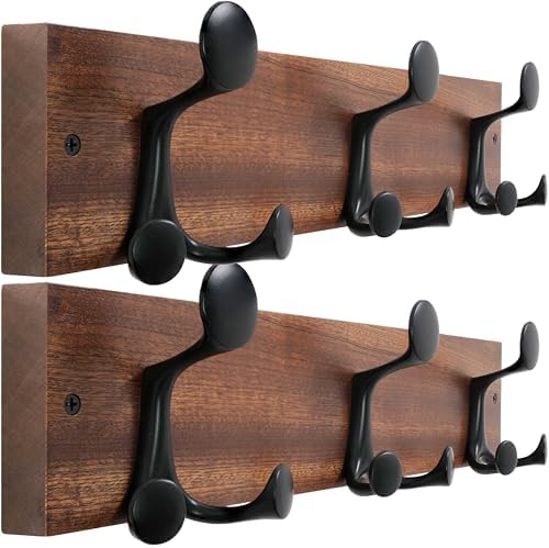 WEBI Coat Rack Wall Mount,17" Solid Wood Coat Hooks Wall Mounted Coat Hanger,16" Hole to Hole,Heavy Duty 3 Triple Hooks for Hanging Coats,Jacket,Hat,Backpack,Farmhouse,Reddish Brown,2 Packs by WEBI