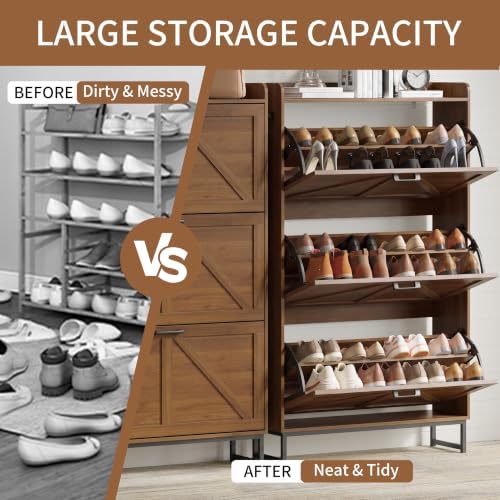 Xixini Shoe Storage Cabinet with 3 Flip Drawers, Entryway Shoe Rack, Walnut - Image 5