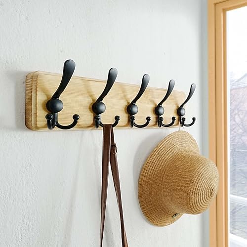 Dseap Coat Rack Wall Mount - Heavy-Duty Robust Rustic Wooden Wall Coat Hanger Hook Rail with 5 Triple Hooks for Winter Coats Hat Jacket Clothing, Light Brown & Black, Pack of 2 - Image 7