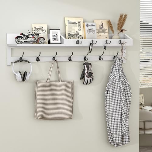 AMBIRD 35 inch Coat Rack Wall Mount, Extra Long Coat Hooks Wall Mount, Entryway Shelf with 7 Dual Coat Hooks 4 Key Hooks Mail Organizer, Wooden Wall Coat Rack with Hooks, Key Holder Rack (White) - Image 5