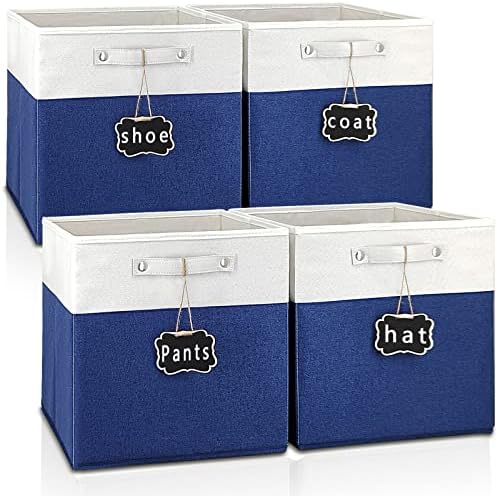 13x15x13 storage cube bins,Set of 4 Collapsible Fabric Storage Cubes with Labels,Linen Cube Storage Organizer Bins Kallax Storage Cubes for Organizing Home,Shelves,Cabinet,Clothes(White Blue). by Storageexperts