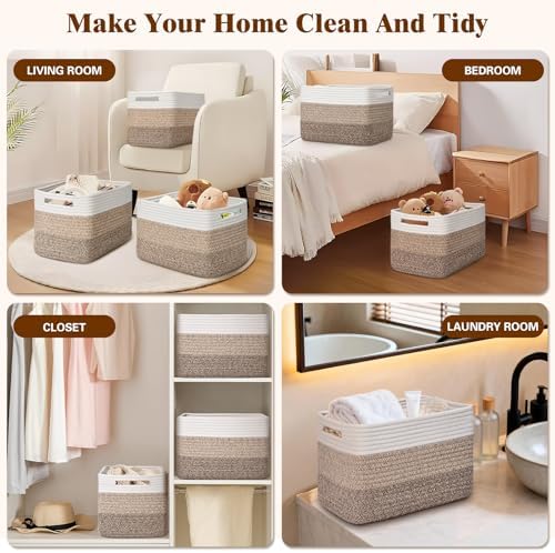 Storage Baskets for Organizing, 4 Pack Baskets for Shelves, Decorative Storage Bins for Shelves, Cotton Rope Storage Basket with Handles, Woven Basket for Storage, 13''Lx8.7''Wx7.9''H, Gradient Brown - Image 6