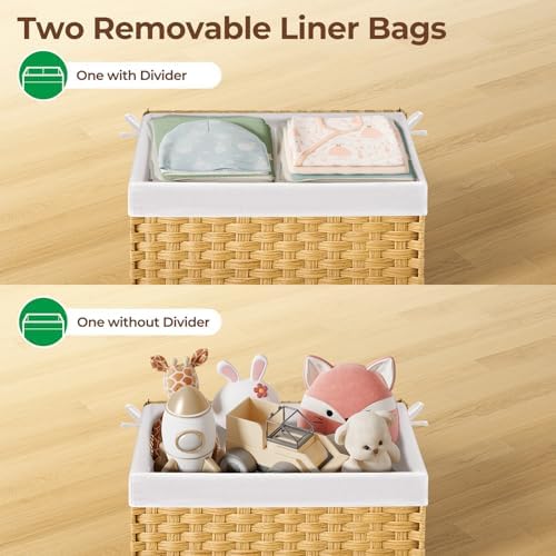 GREENSTELL Storage Basket with Lid, 17.2 Gallon(65L) Small Wicker Blanket Storage Basket with Handles, Foldable, 2 Removable Liner Bags, Metal Frame, for Bedroom, Laundry Room, Natural - Image 5