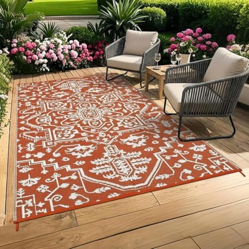 8x10 Plastic Straw Outdoor Rug Waterproof Reversible Mat, UV-Resistant Vintage Medal Camping Outdoor Carpet for Patio Deck Balcony Picnic Fold Portable Outdoor Large Floor Mat Orange Red White by GAOMON