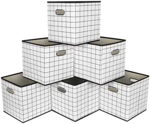 Fabric Cubby Storage Bins,13x13x13 Inches,Cube Organizer Bin Foldable Storage Boxes with Dual Handles Fabric Organizer Box and collapsible Storage basket,Set of 6,White grid by Yunkeeper