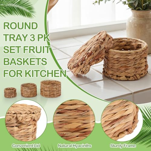 Newtay Set of 3 Scalloped Wicker Storage Baskets with Lid Round Rattan Woven Basket 11'' 8.7'' 6.3'' Natural Water Hyacinth Decorative Boxes for Organizing Nursery Home Closet Shelf Decors, 3 Sizes - Image 5