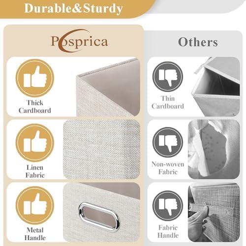 Posprica Closet Storage Bins, 4 Pack Closet Shelf Organizers, Linen Fabric Decorative Storage Baskets for Organizing, Foldable Storage Box for Clothes, 15x10.5x8.25 Inch (Beige) - Image 2