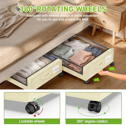 Molutsody Under Bed Storage with Wheels, 4-Pack UnderBed Storage Containers with Clear Lids, Under Bed Shoe Storage Organizer, Rolling Under Bed Storage for Clothes Shoes Blankets (Beige) - Image 3