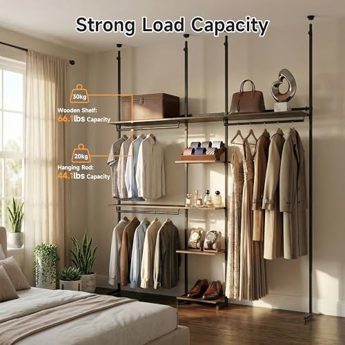 MZG Closet Organizer System, Freestanding Closet System with Wood Shelves & Hanging Rod, Adjustable Floor-to-Ceiling Open Wardrobe for Bedroom, Apartment & Walk-In Closet (16.8" D x72.1 W x 137.9" H) - Image 2