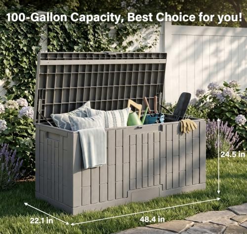LAUSAINT HOME 100 Gallon Resin Deck Box, Package Delivery Box with Lockable Lid, Waterproof Outdoor Storage Box For Garden Tools, Patio Cushions(100 Gallon,Grey) - Image 2