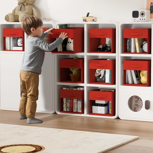 DIMJ Cube Bins, 12.2-Inch Storage Bins Cubes with Window, 6 Packs Collapsible Storage Bins with Handles, Closet Storage Baskets for Organizing Living Room, Office, 6 Pack,Red - Image 4