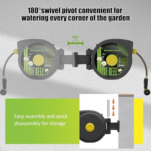 Aokia Retractable Garden Hose Reel, 1/2 in x 100 ft Wall Mounted Heavy Duty Garden Hose Reel with 9 Patterns Nozzle, Any Length Lock, Auto Return System and 180°Swivel Bracket - Image 2
