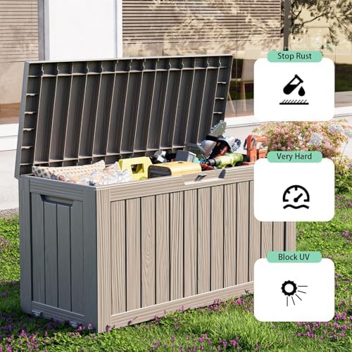 Outdoor Waterproof Resin Storage Deck Box Lockable Outside Bench UV Resistant Bin Patio Porch Furniture Pool Float Garden Tool Cushion (Grey, 85 Gallon) - Image 4