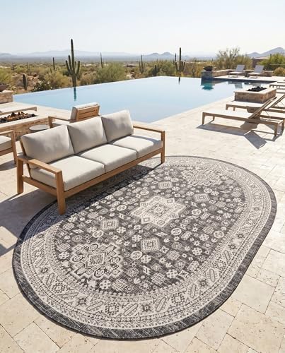 Rugs.com - Outdoor Aztec Rug – 7' 10 x 10' Oval Charcoal Gray Indoor/Outdoor Rug – Weather Resistant for Patios, Decks, and Porches - Image 6