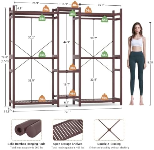 Homykic Bamboo Clothing Rack with 7 Shelves, 5 Rods, 70” Wide, Espresso - Image 5