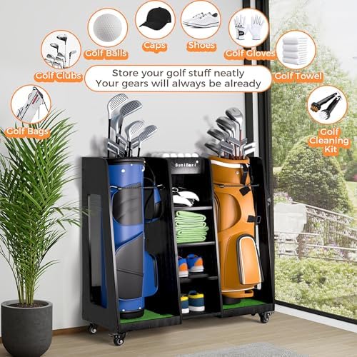 SuniBoxi Wooden Golf Bag Organizer with Wheels, 2-Bags Storage, Dark Black - Image 3