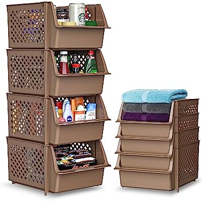 Skywin Stackable Storage Bins Open Front for Pantry Storage, 4 Pack - Brown by Skywin