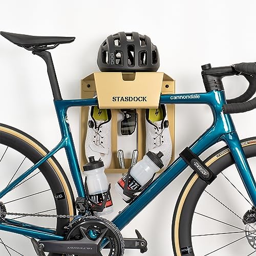 Stasdock Wall Bike Rack | Bike Storage Wall Mount System | For Race Bicycles (New Gold) and Mountain Bikes | Bike Shelf | Indoor bike wall bracket | Store your helmet and shoes | Home and Garage - Image 2