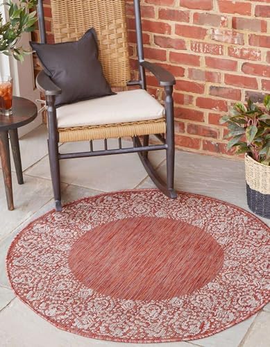 Unique Loom Outdoor Border Collection Area Rug - Floral Border (13' Round Rust Red/Ivory) - Image 3