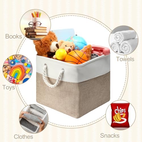 FoldTier 10 Pack Large Collapsible Fabric Storage Baskets with Handles Decorative Storage Bins for Organizing Shelves Toys Clothes(White & Beige,12 x 12 x 12 Inches) - Image 6