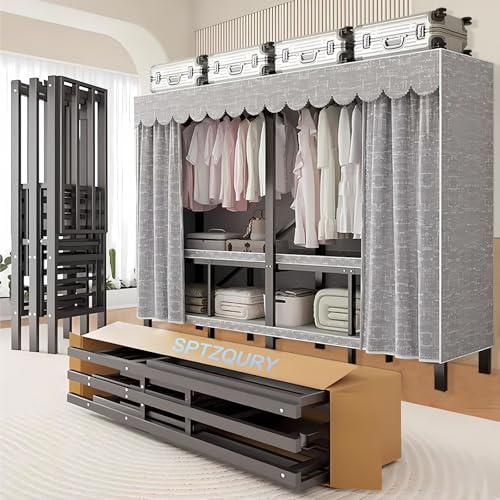 66.1in Heavy Duty Foldable Wardrobe with Cover, Load 1500lbs, Grey by SPTZQURY