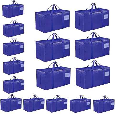 16 Pack-Extra Large Heavy Duty Moving Bags - Waterproof Storage Totes with Handles & Zippers, Foldable for College Dorm, Storage (Blue) by Unknown