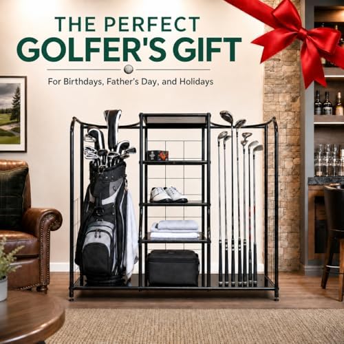 Morvat Golf Organizer for Golf Bags, Clubs, Gadgets, Travel Stuff, & Accessories, Adjustable Feet, Store and Organize Your Equipment, Holds 2 Golf Bags & 5 Metal Accessory Shelves, 38x36x16 - Image 6