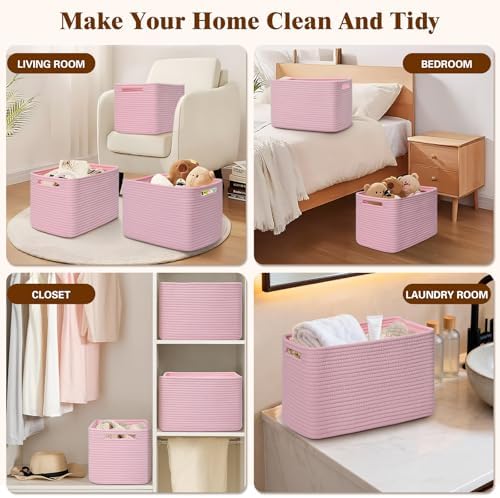 Storage Baskets for Organizing, 4 Pack Baskets for Shelves, Decorative Storage Bins for Shelves, Cotton Rope Storage Basket with Handles, Woven Basket for Storage, 13''Lx8.7''Wx7.9''H, Pink - Image 6