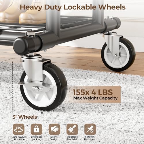 HYSEYY Heavy Duty Clothes Rack, Rolling Clothing Rack With Shelves Load 620 LBS, Double Rod Clothing Racks for Hanging Clothes, Portable& Adjustable Clothes Rack with Wheels,Black - Image 4