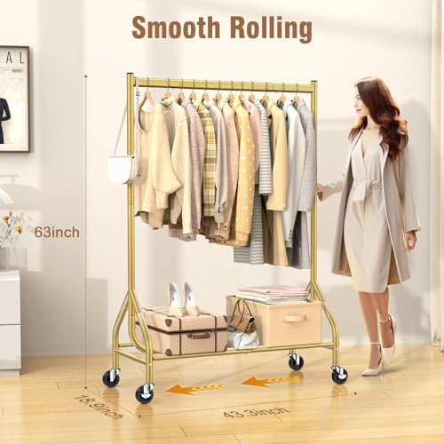EAGMAK Heavy Duty Clothes Rack Load 420 LBS, Rolling Garment Organizer with Lockable Wheels, Standing Metal Clothing with Shelves, Portable Wardrobe Rack Sturdy Coat Rack for Hanging (Gold) - Image 5
