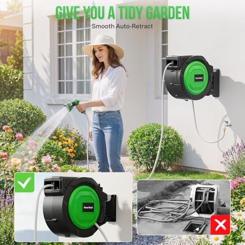 Retractable Garden Hose Reel, 1/2 in x 150 ft Heavy Duty Wall-Mounted Hose Reel with 180° Swivel Bracket, 10-Pattern Nozzle, Automatic Slow Rewind System, Any Length Lock for outside Watering,Cleaning - Image 2