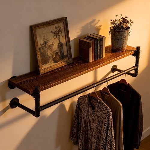 WEBI Wall Mounted Clothes Rack with Shelf,30" Industrial Pipe Clothing Rack with Shelf with Hanging Rod,Heavy Duty Iron Garment Rack Bar,Retail Display Clothes Rod for Laundry Room,Closet,Black - Image 5