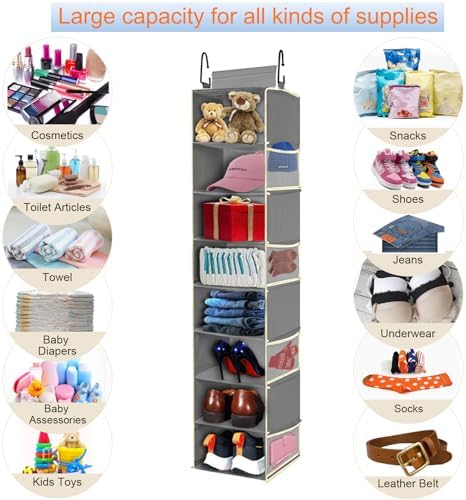 2 Pack Large-Sized Hanging Shoe Organizer 8-Shelf, Hanging Closet Organizer with 8 Side Pockets, Wider Hanging Shelves for Storage Shoes Clothes 9" W × 11.8" D× 48" H, Grey. - Image 6