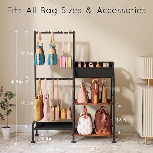 Homsorout Purse Organizer for Closet - Purse Rack Stand with 12 Hooks, 2 Wooden Shelves Purse Storage for Closet, Large Capacity Backpack Storage, Handbag Organizer for Home, Living Room, Black - Image 2