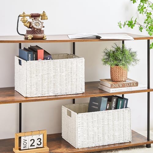 Vagusicc Wicker Storage Basket, Set of 2 Hand-Woven Paper Rope Wicker Basket, Large Storage Baskets for Organizing, Foldable Large Cube Storage Organizer Bins for Shelves (White) - Image 3