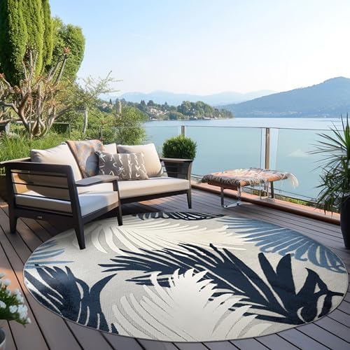 Rugshop Lucca Indoor/Outdoor Contemporary Floral Durable Round Rug Navy 8' by Rugshop
