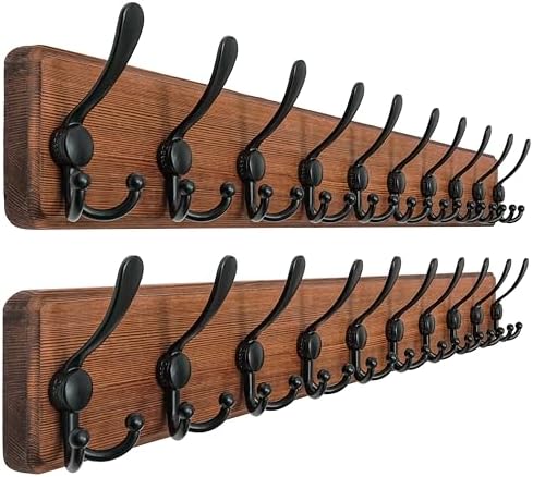Dseap Coat Rack Wall - Heavy-Duty 38-1/4" Long, with Reinforced 10 Custom Tri-Hooks, Solid Wood Wall Hanger for Coats Hat Jackets - Rustic Farmhouse Entryway Storage, Natural & Black, Pack of 2 by Dseap