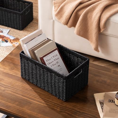 UBBCARE 4 Pack Wicker Basket, 13.4L×8.3H×7.1W inch Woven Paper Rope Storage Baskets for Shelves, Foldable Rectangular Storage Baskets with Handle, Storage Basket for Organizing, Black - Image 5