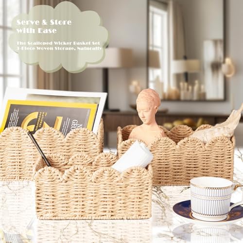 Scalloped Wicker Baskets Set of 3, Hand-Woven Storage with Handles - Image 5