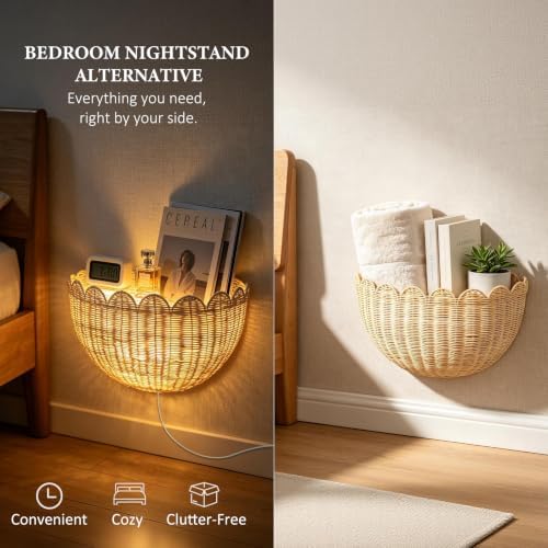 Handwoven Rattan Wall Basket with LED String Light, 1Pack - Image 3