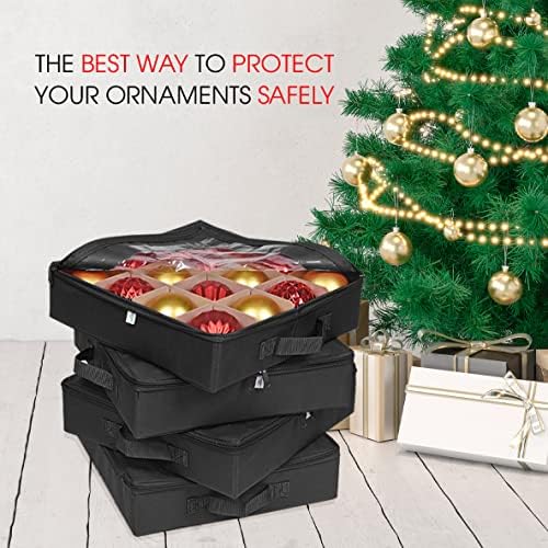 ProPik 4 Pcs Christmas Ornament Storage Boxes with Dividers | 4 Individual Trays Hold 64 Holiday Decoration Balls | Durable Ornaments Organizer Storage Box | Zippered Closure with Handles (Black) - Image 5