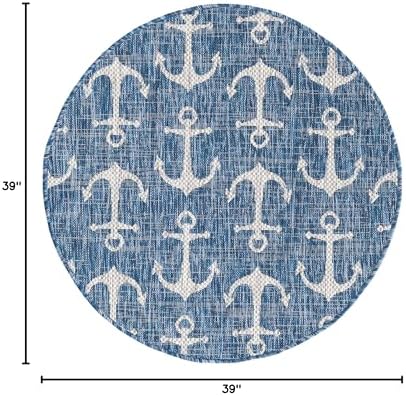 Unique Loom Outdoor Coastal Collection Area Rug - Ahoy (3' 3" Round, Blue/ Ivory) - Image 2