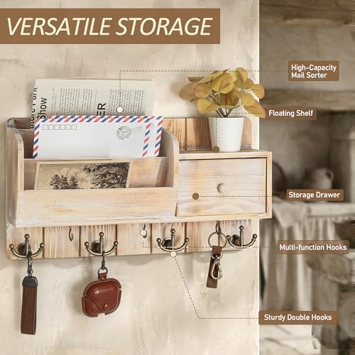 Rebee Vision Key Holder Wall Mount with Drawer for Entryway, Natural Wood - Image 5