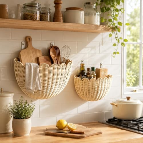 2 Pack Scalloped Wall Basket, Hanging Wicker Basket, Handwoven Wall Mounted Storage Basket（15.76 x 10 x 7 & 13.7 x 8 x 6 Inch）, for Bathroom Bedroom Kitchen Entryway Decor - Image 2