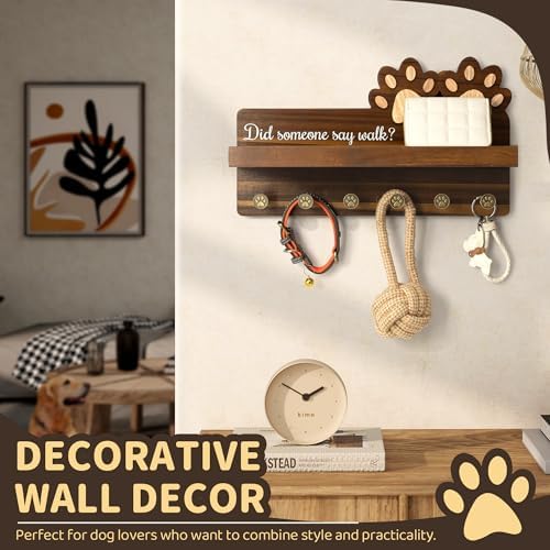 MTERSN Acacia Wood Dog Leash Holder for Wall with Wall Shelf, Dark Brown - Image 5