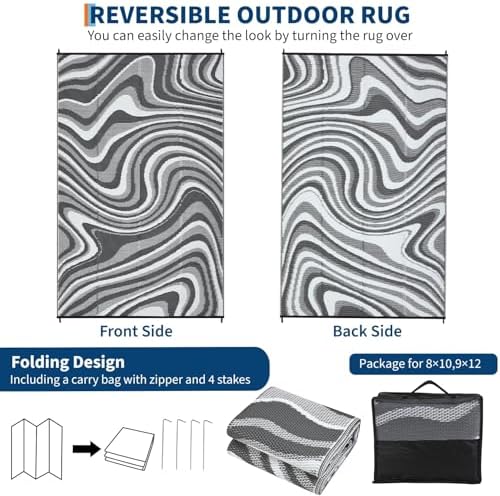 Outdoor Rug 8x10 Waterproof Patio Rugs Modern Abstarct Reversible Mat for Front Door Rv Foldable Plastic Straw Carpet for Travel Trailers, Deck, Porch, Camper, Balcony, Beach，Black/Grey - Image 6